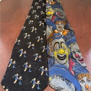 2 Novelty Neck Ties Lot – Clown Faces & Computer Theme Silk Men’s Neckties